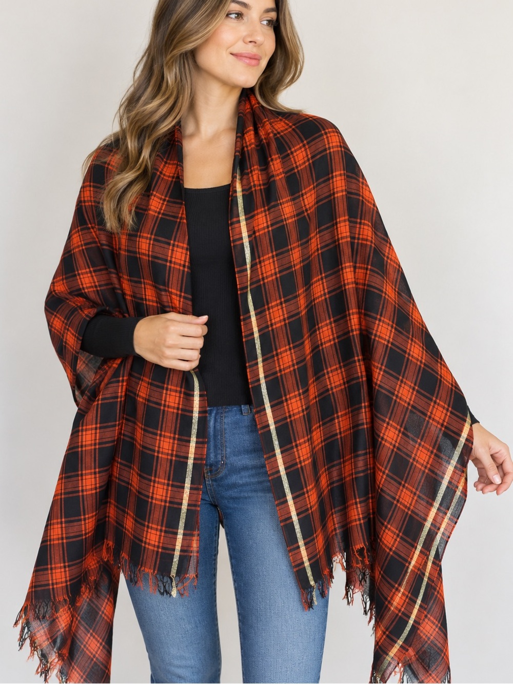 J. Crew Oversized Plaid Scarf Orange Black Metallic Gold Fringe Wrap
